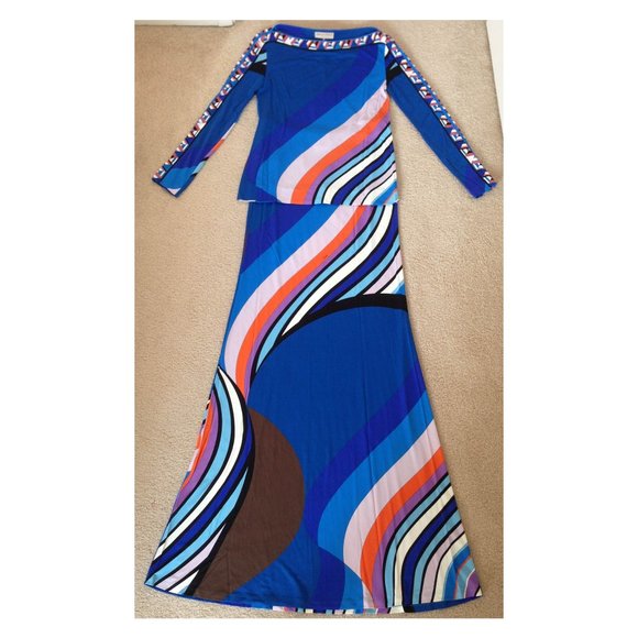 NWT Auth Pucci blue purple orange black white 2 pc top maxi skirt set IT 40 US 4 - Picture 1 of 9